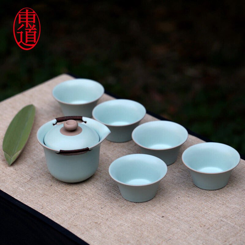 东道 汝窑 陶瓷青瓷套装茶具 晨香侧杯组 爆款 一碗五杯 开片可养 天青色