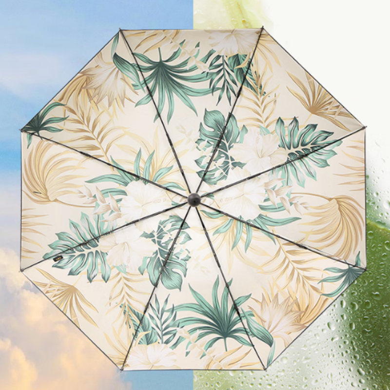 天堂防紫外线阳伞三折8K钢骨遮阳黑胶伞轻小便携折叠阳伞晴雨蕉叶(双层)伞下100CM高清大图