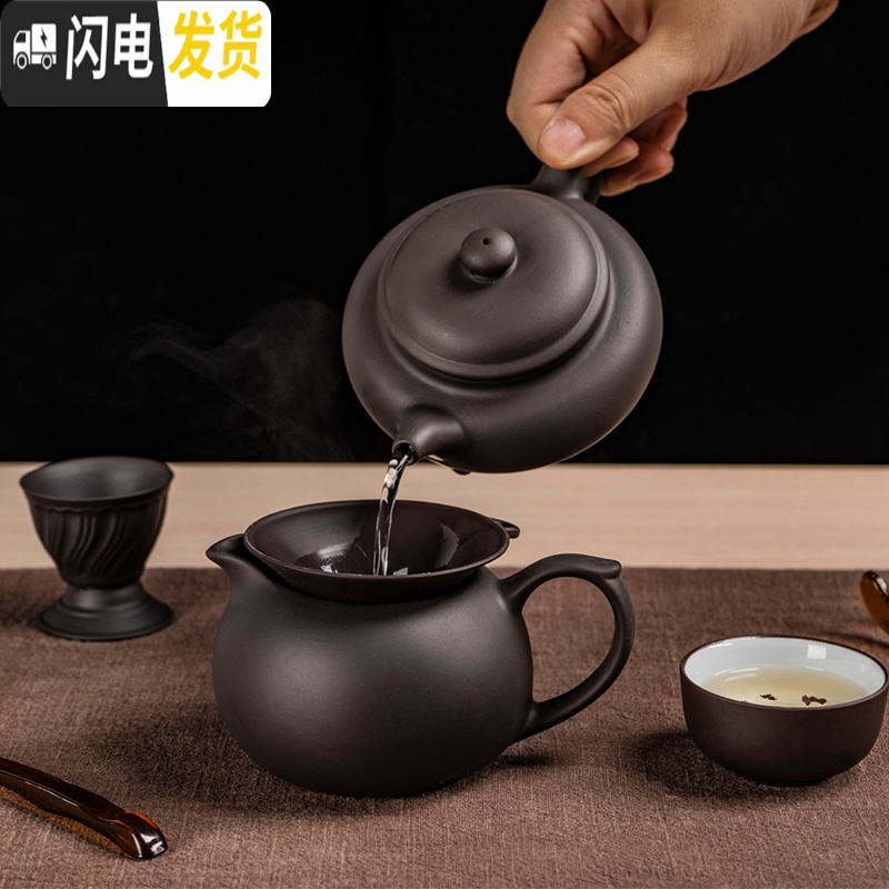三维工匠紫砂功夫茶具套装 陶瓷中式现代家用紫砂壶泡茶茶壶茶杯套装简约 纯红仿古断水套装(送六君子茶巾)