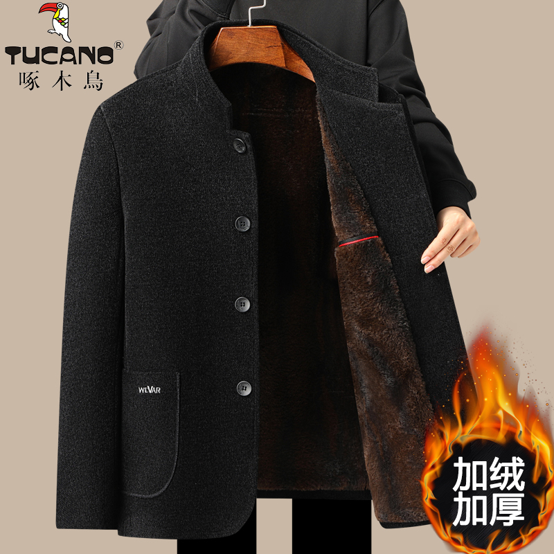 啄木鸟爸爸冬装毛呢棉服外套加绒加厚款中老年棉衣男爷爷保暖棉绒高清大图