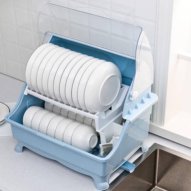 小号北欧蓝仕倾双层带盖碗碟架放碗架沥水架装碗筷收纳盒家用厨房塑料
