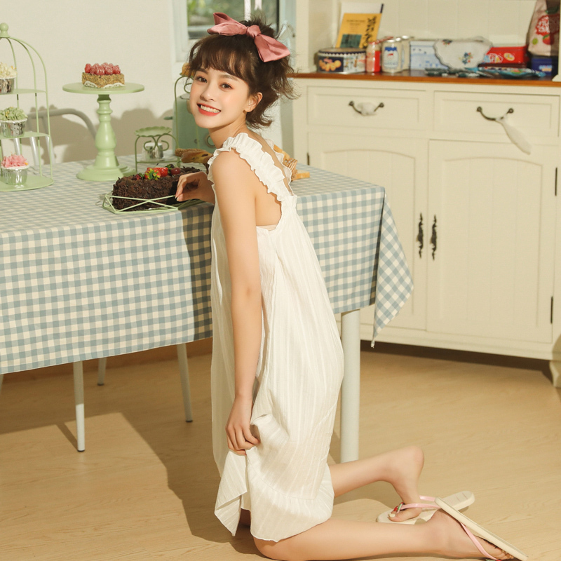 公主风睡裙夏季中长款夏裙薄款性感可爱学生家居服吊带白色睡衣女