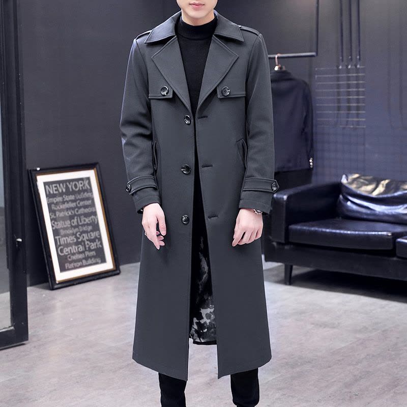 YUANSU外套男青少年学生长款过膝风衣潮流连帽大衣春秋超长款夹克男韩版风衣图片