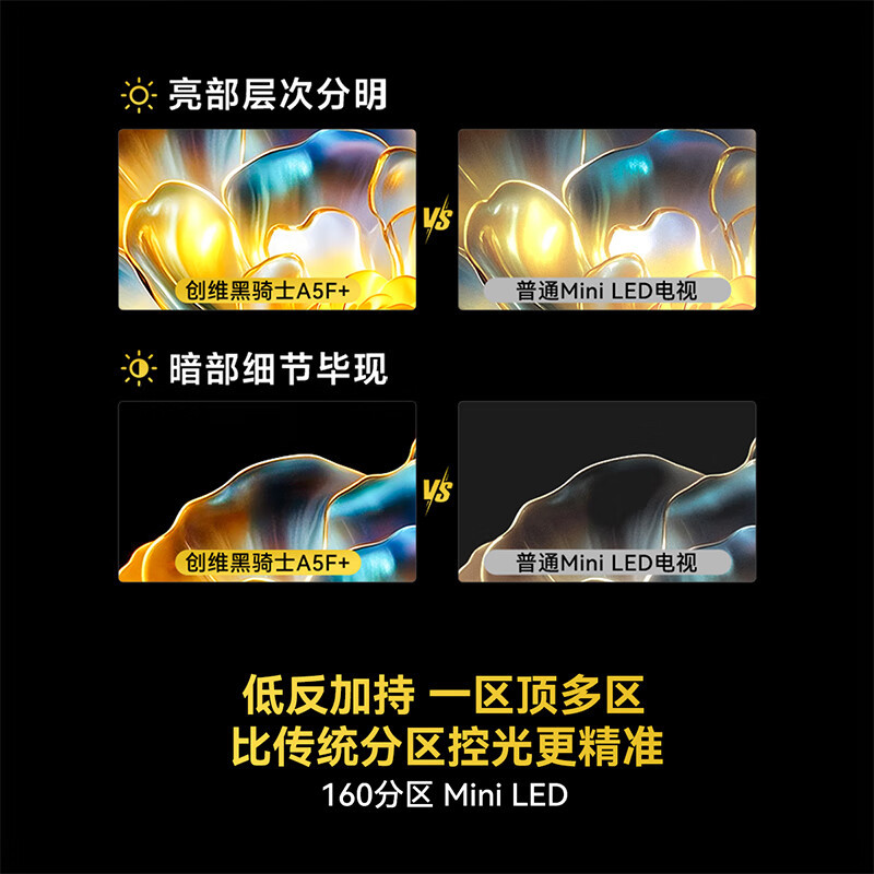 创维新品黑骑士65A5F+ 65英寸百级分区Mini LED 4+64GB一级能效低反防眩全面屏平板电视机
