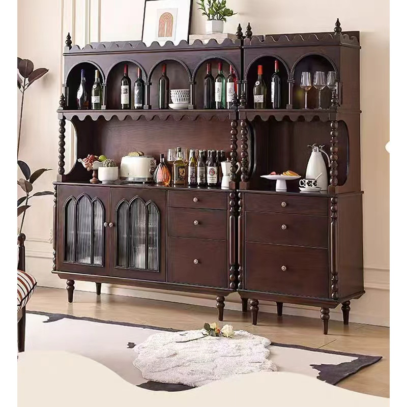 复古实木餐边柜餐厅一体靠墙柜储物柜客厅茶水柜中古风酒柜收纳柜高清大图