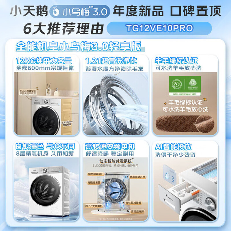 小天鹅全自动12kg极地白滚筒洗衣机TG12VE10PRO 1级能效节能四口之家水魔方除螨洗