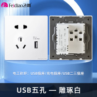飞雕(FEIDIAO)开关插座暗装86型家用墙壁开关插座 大阪钢支架 雕琢拉丝优雅白系列 拉丝白五孔带二位USB