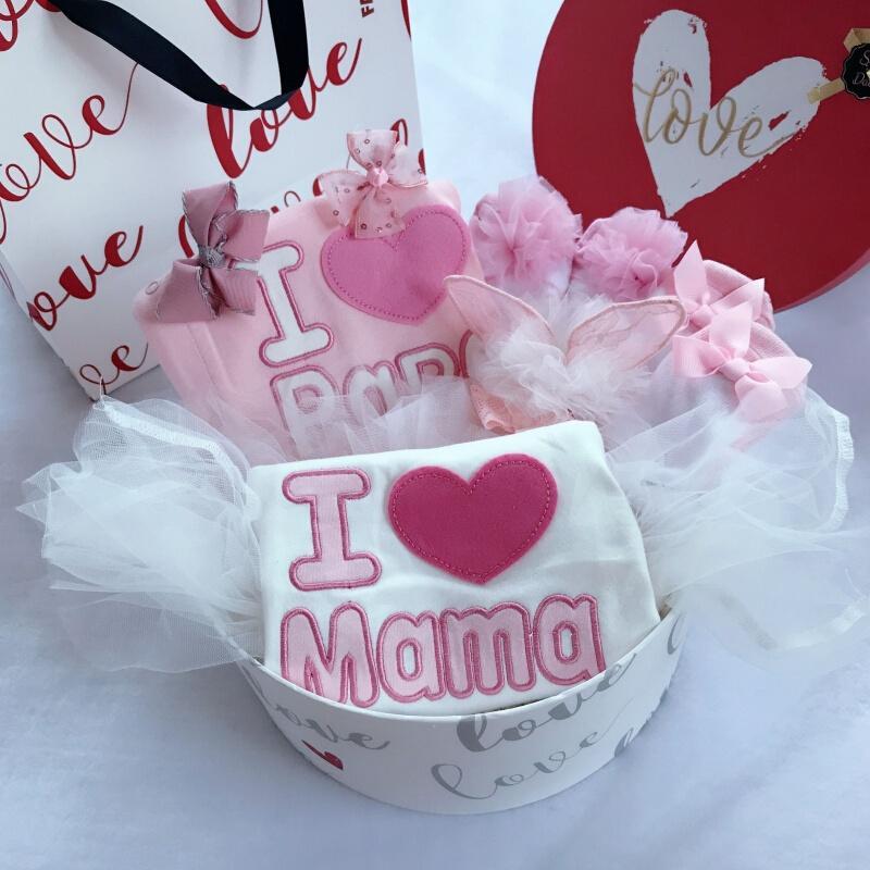 婴儿礼盒女宝宝裙子儿满月百天周岁礼服连衣裙哈裙公主连身衣粉红色爱爸妈白裙礼盒