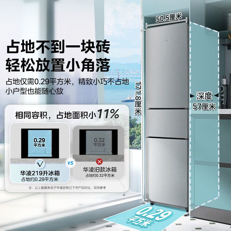 华凌(WAHIN) 219升三门冰箱 HR-228T 星烁银直冷节能手动除霜独立式设计图片
