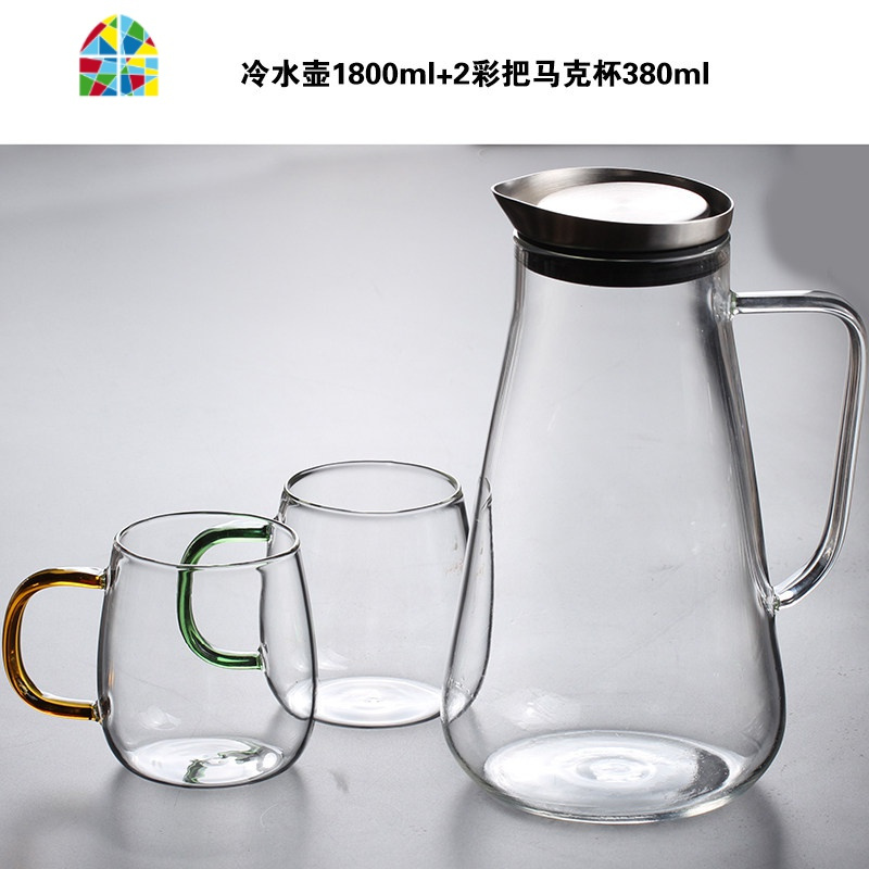 封后家用冷水壶耐热玻璃凉水壶大容量可高温玻璃壶水壶花茶壶果汁壶 FENG 鹰嘴冷水壶1800ml+2*马克杯随机色380