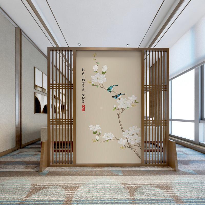 森美人屏风隔断客厅玄关新中式实木镂空格栅定制办公室入户茶室装饰座屏 120*180CM胡桃木无镂空组装