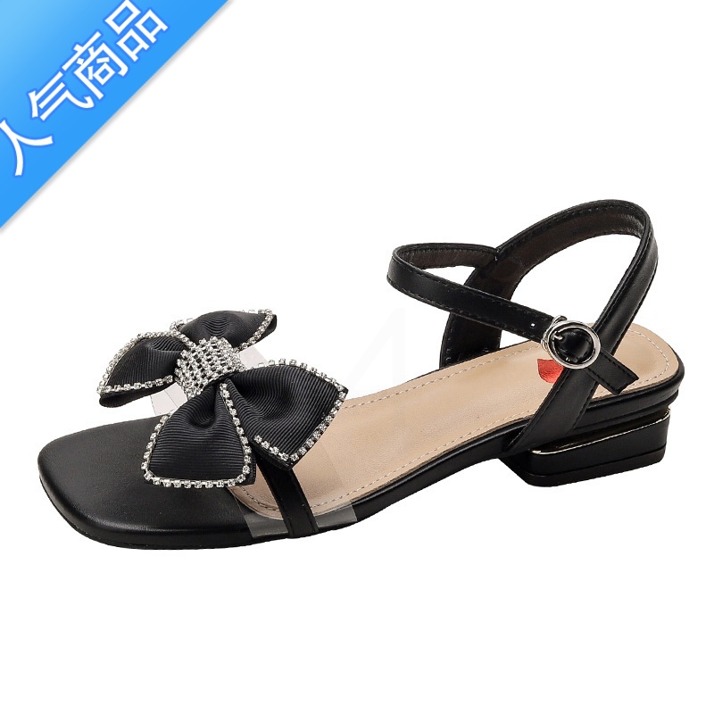 SUNTEK水钻蝴蝶结凉鞋女一字扣方头中跟女鞋2023夏季新款露趾仙女罗马夏高清大图