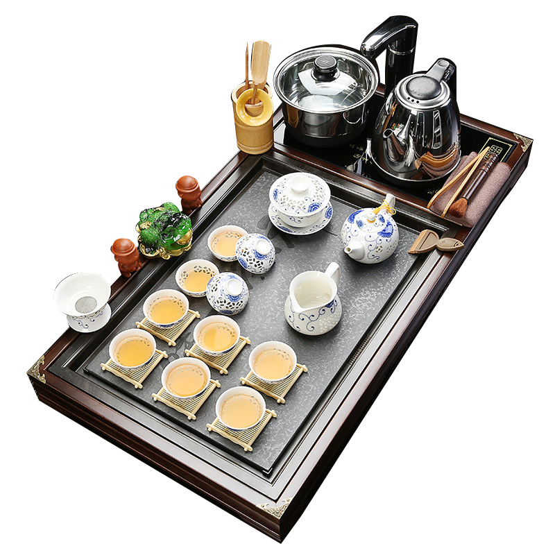 整套家用陶瓷功夫茶具套装特价四合一电磁炉实木茶盘茶台茶海款3禅茶乌金石玲珑