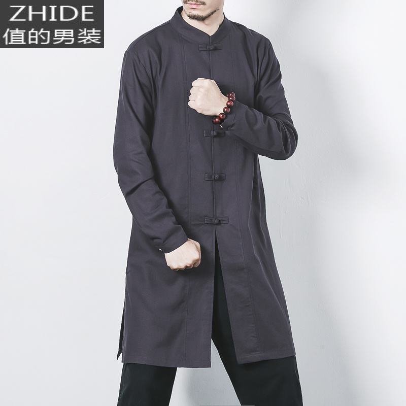 SUNTEK中国风复古男装中长款立领衬衫唐装披风衣外套中式汉服长衫居士服风衣高清大图