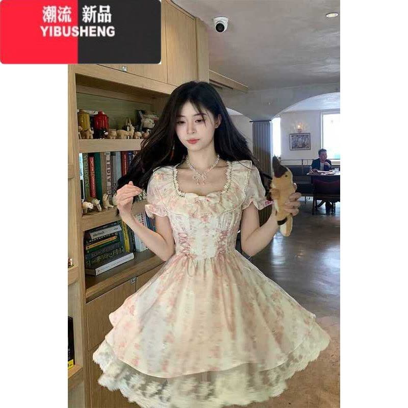 YIBUSHENG甜美可爱蝴蝶结方领碎花连衣裙子女季新款泡泡袖收腰显瘦蓬蓬裙图片