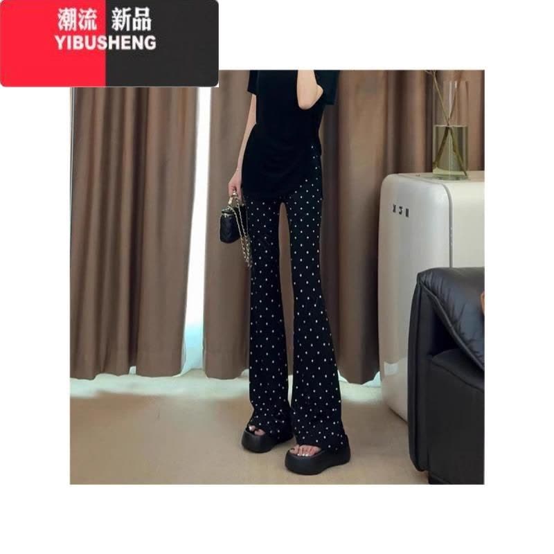YIBUSHENG小个子黑色波点马蹄西装裤子2024年新款高腰微喇叭休闲运动裤女图片