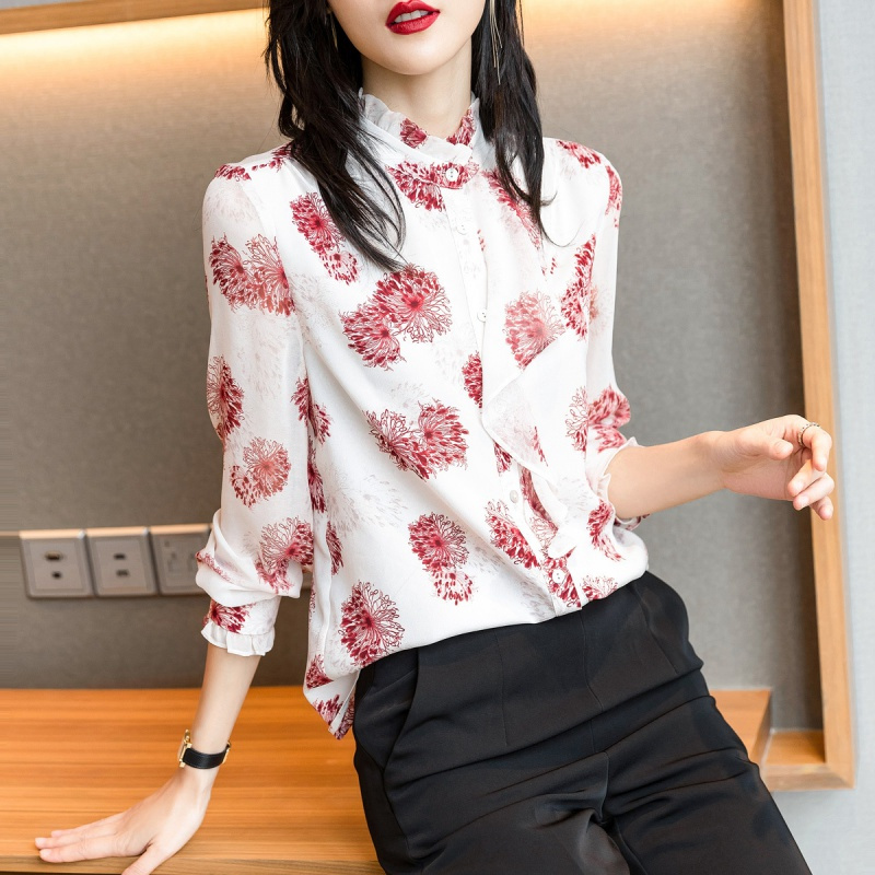 聚薪女士衬衣2021春秋新款印花雪纺衫立领衬衫女长袖设计感视频