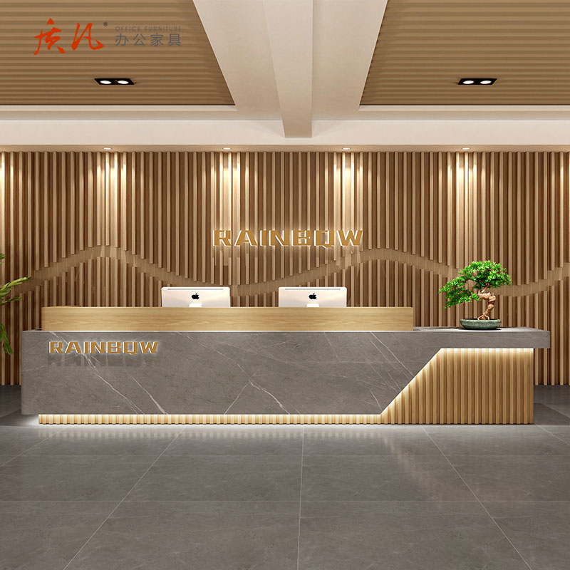 质凡公司前台接待台酒店培训机构吧台桌收银台 阿玛尼灰+原木色7000*600*1000mm高清大图