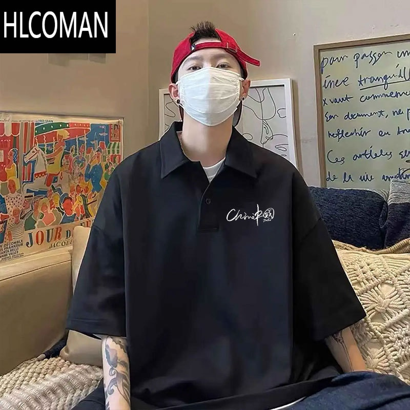 HLCOMAN衫短袖男夏季男潮牌宽松学院风休闲半袖t恤翻领上衣