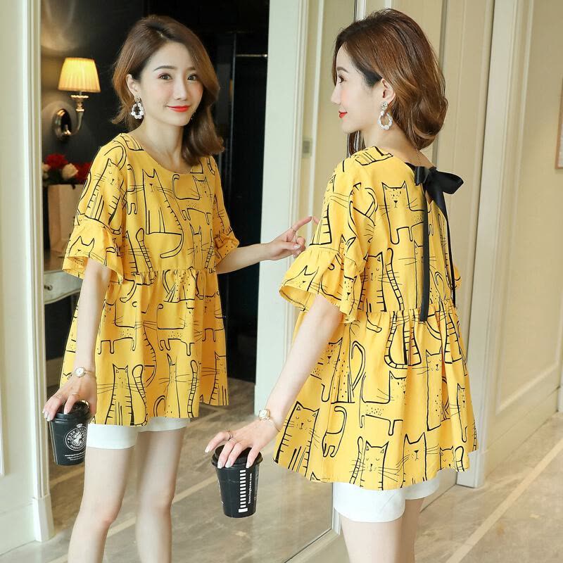 迪鲁奥(DILUAO)孕妇夏季时尚套装2021夏天薄款两件套孕妇喇叭袖娃娃衫+托腹短裤图片