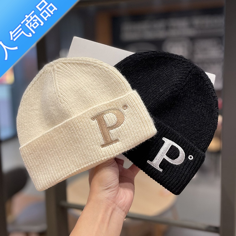 SUNTEK韩版ins字母P针织帽子女秋冬时尚冷帽休闲百搭毛线帽套头帽潮