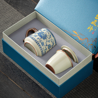 金镶玉仿宋汝窑茶杯 陶瓷带过滤茶水杯马克杯办公家用泡茶具 缠枝莲青花