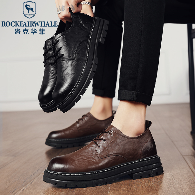 洛克华菲工装鞋夏季男鞋英伦风马丁靴圆头黑色低帮真皮大头休闲小皮