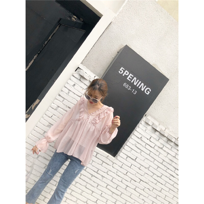 2018夏季宽松娃娃衫中长款V领蕾丝衫雪纺衫超仙喇叭袖上衣女藕色均码