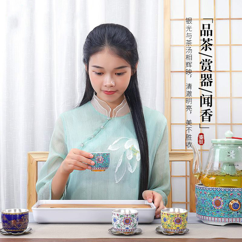 家柏饰(CORATED)鎏银主人杯单杯个人杯银茶杯陶瓷茶杯银杯茶碗单只小茶杯小号高清大图