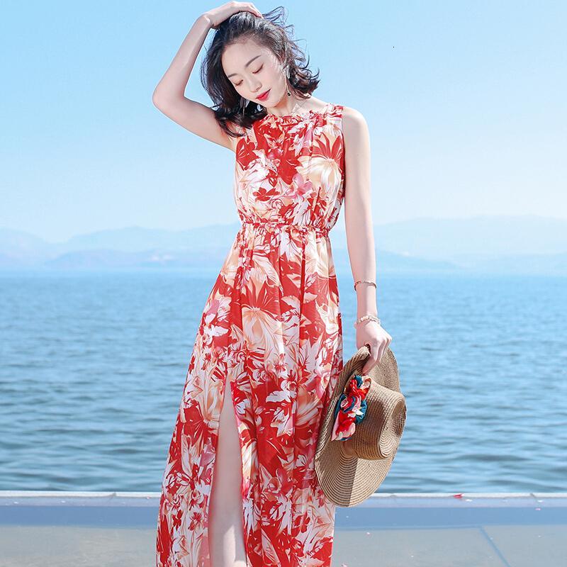 2017夏季新品女系带开叉雪纺长裙连衣裙波西米亚海边度假沙滩裙图片色