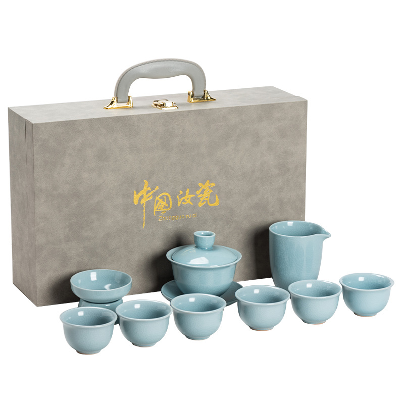 高档10头汝窑功夫茶具套装整套精品陶瓷全套礼品伴手礼耐高温礼盒-汝窑/10件套-中国汝瓷高清大图