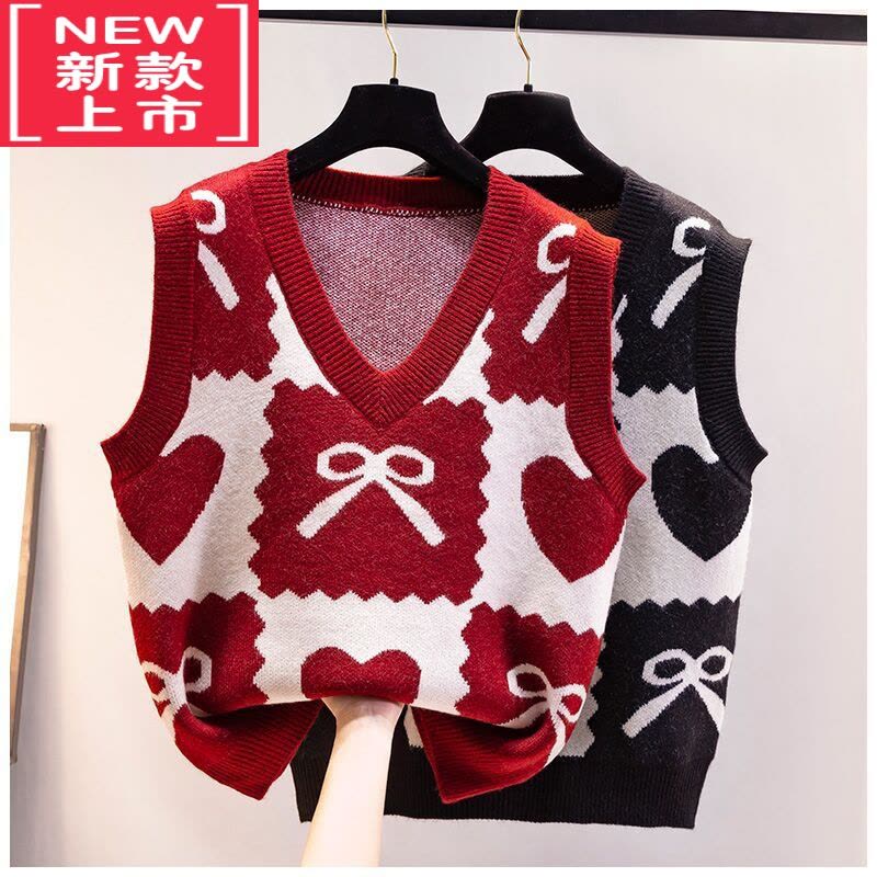 可莉允女童马甲针织背心春秋新款v领无袖套头红色毛衣宝宝马夹中大童潮图片