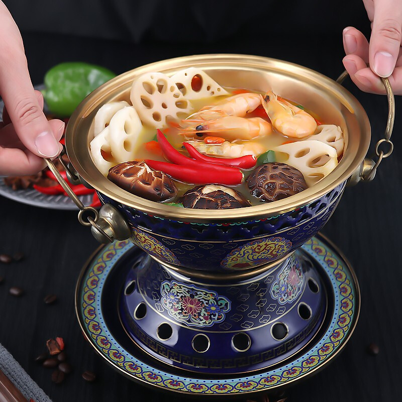 拜杰景泰蓝铜火锅家用商用纯铜酒精炉铜锅分餐单人酒精小火锅