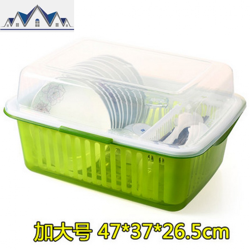 家用大号塑料带盖餐具滤水置物架透明角架碗架整理碗柜碗筷收纳盒_1_889 透明绿加大号