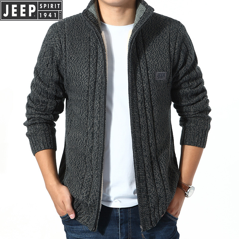 JEEP SPIRIT吉普秋冬加绒毛衣男秋冬针织衫男运动开衫加厚外套 深灰 L
