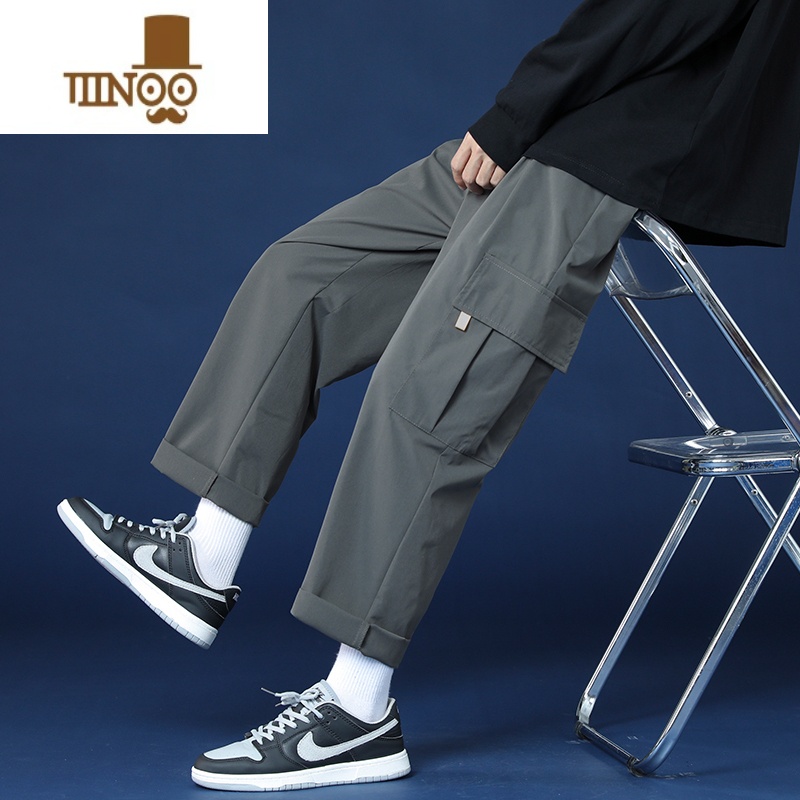 YANXU卡其工装男裤薄款潮牌宽松直筒裤男生潮流百搭休闲运动九分裤高清大图
