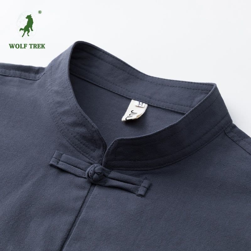 [七匹狼国际公司授权WOLF TREK ]夏季棉麻套装男士中国风盘扣开衫唐装大码衬衫短袖中国纯色两件套图片