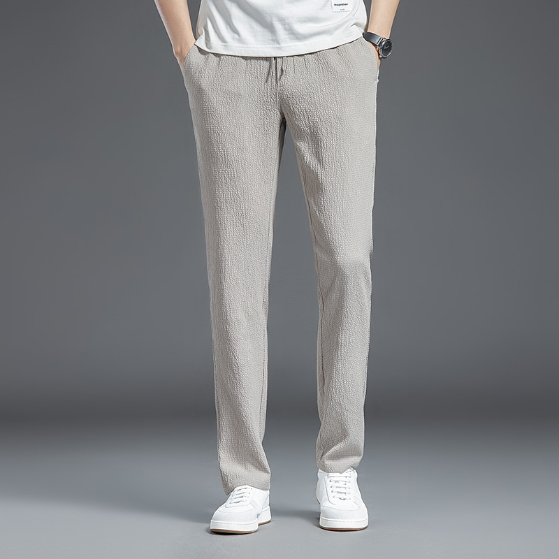 薄款冰丝凉爽休闲裤男士褶皱肌理纹松紧腰长裤子夏季直筒潮流男 卡其色 2XL