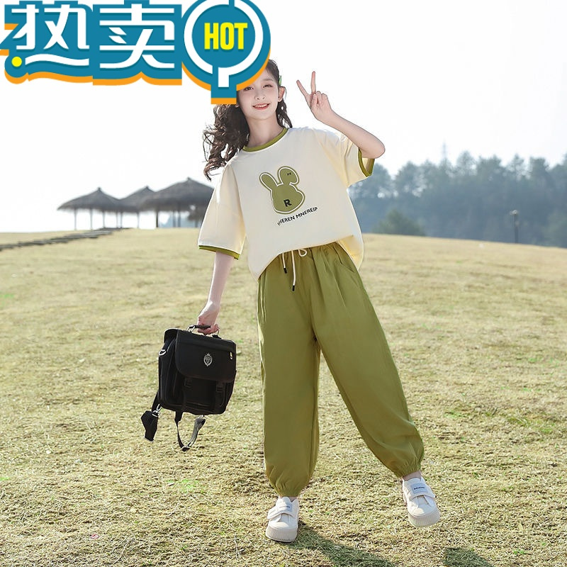 绿彩虹光女童运动套装夏装2023新款洋气儿童夏季中大童12岁女孩15潮两件套