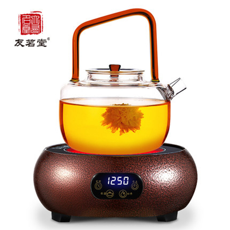 友茗堂YL-1001锤纹紫铜色带玻璃壶触控式4档 光波 电陶炉 迷你 茶炉 家用 小电磁炉 煮茶器 煮茶 炉