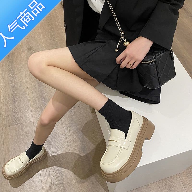 SUNTEK复古百搭圆头厚底小皮鞋女2023新款春秋英伦风白色乐福鞋图片