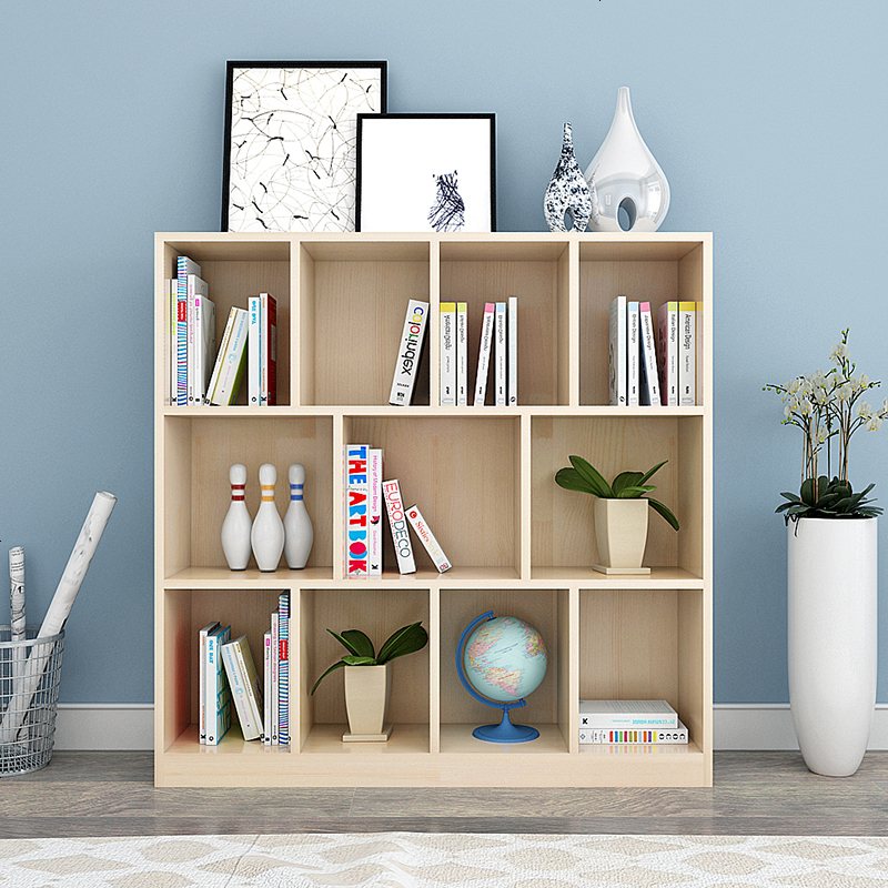 实木书柜书架阳台飘窗柜落地柜矮柜杉木松木柜格子柜可定制简易 三层松木长高深120.115.24CM原木_1.2-1.4米