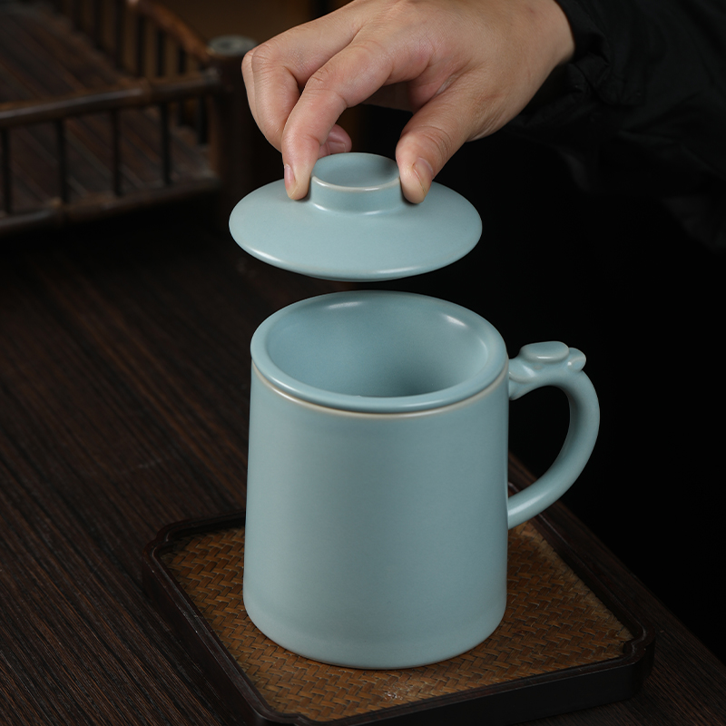 MULTIPOTENT办公杯汝窑开片陶瓷盖杯商务会议泡茶杯汝窑玉脂青君子杯伴手礼盒高清大图