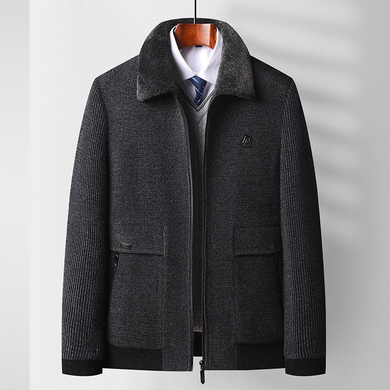 秋冬季中老年男士加绒外套休闲呢子衣爸爸加厚衣服中年男夹克上衣