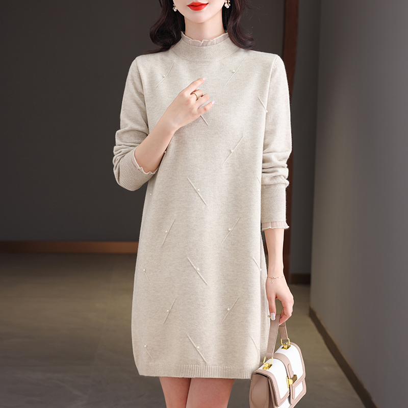 2024春秋装新款专柜品牌羊绒衫女大码羊毛衫女山羊绒衫中长款连衣裙套头毛衣女系带修身显瘦针织衫打底衫女大码女装高清大图