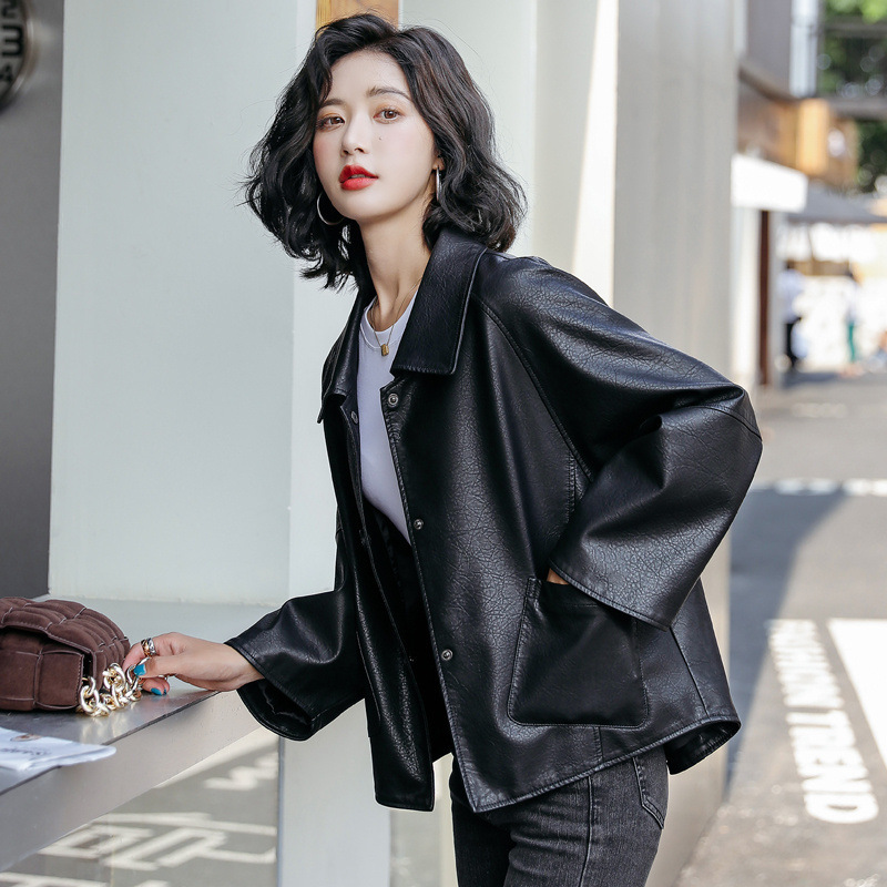 皮衣女短款2021秋装新款黑色百搭翻领皮夹克宽松小个子休闲皮外套视频
