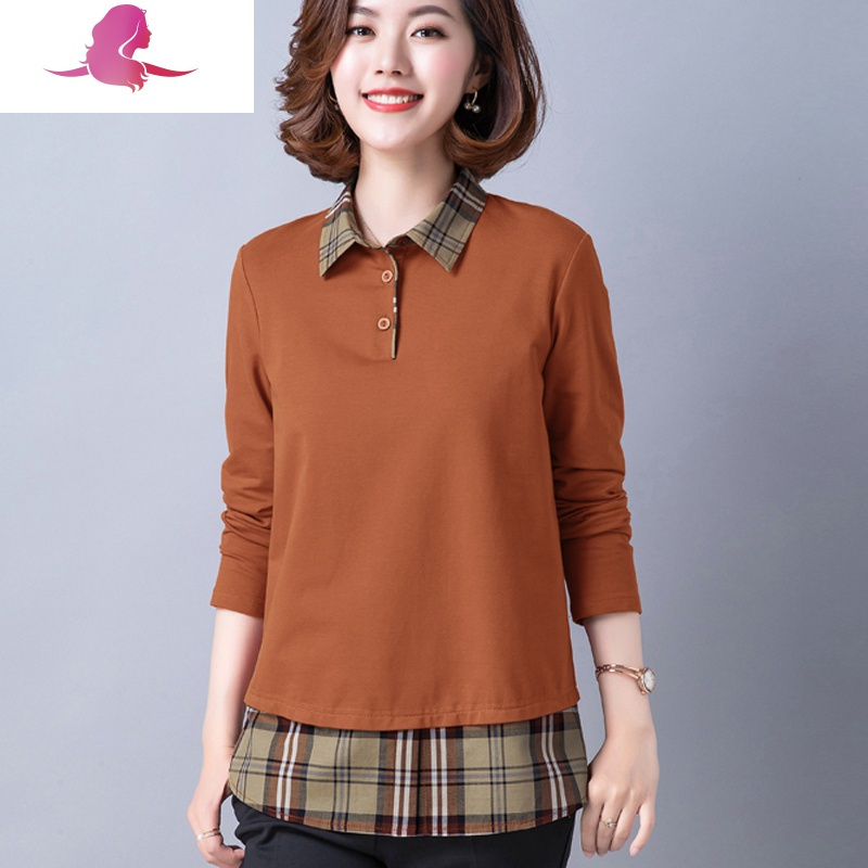 艳如飞棉长袖t恤女带领宽松中年妈妈春装新款拼接50岁打底衫翻领上衣