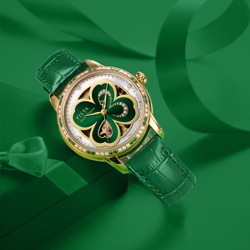 正品飞亚达手表女绿色四叶草自动防水时尚缕空机械腕表la862025