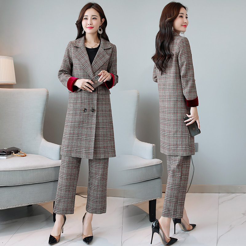 格子套装女女士秋季新品修身时尚大气显瘦高雅气质两件套长裤子潮