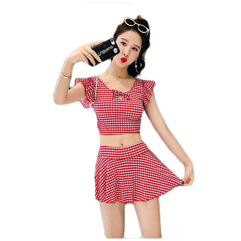 分体比基尼泳衣两件套平角保守裙式遮肚显瘦少女学生游泳衣女